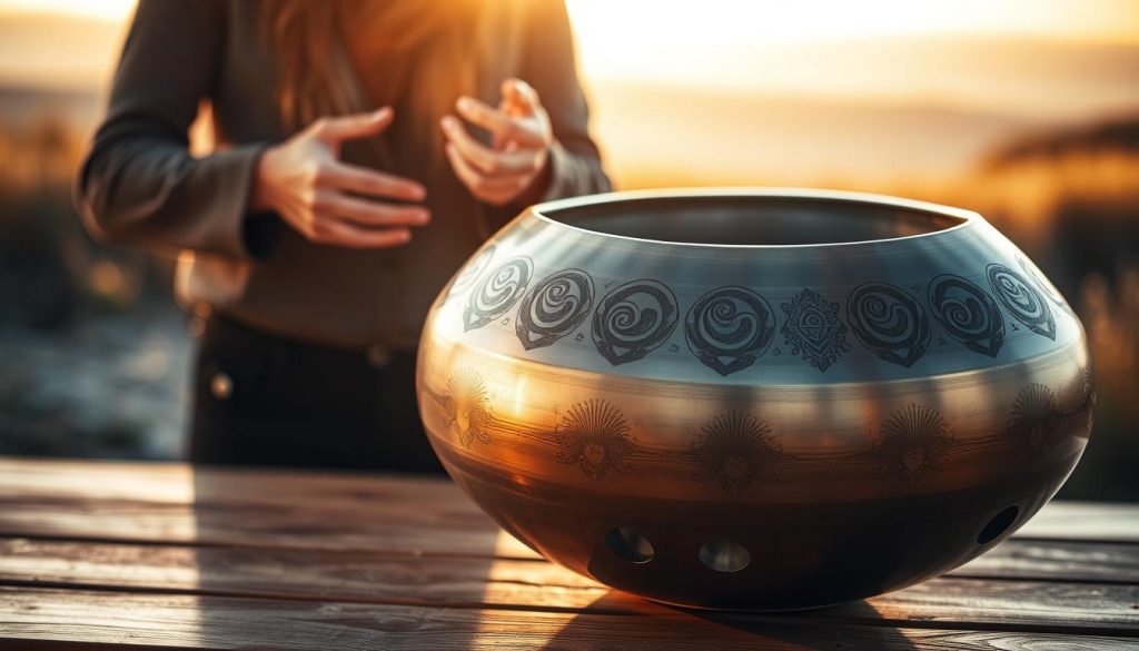 A beautifully crafted gamme handpan instrument, featuring a smooth, metallic finish with intricate patterns engraved on its surface. The instrument is placed on a wooden surface, displaying a soft sheen reflecting ambient light, highlighting its unique shape and tonal openings. In the foreground, include detailed close-ups of the handpan's surface, showing the craftsmanship and artistry. In the middle ground, a pair of hands is softly playing the handpan, with a focus on finger placement, dressed in modest, professional attire. The warm and inviting lighting creates a serene atmosphere, evoking a sense of tranquility and harmonic sound. The background fades into a blurred natural setting, suggesting open skies and a peaceful environment, reinforcing the calming essence of the handpan.