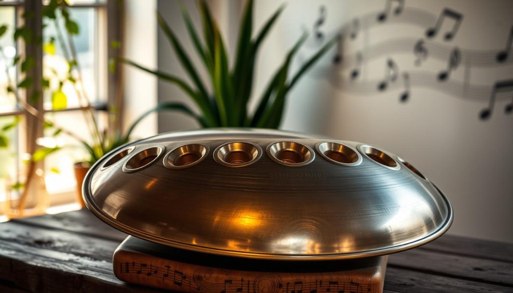 A beautifully crafted handpan instrument, showcasing its unique, curved steel shell and resonant sound holes reflecting vibrant colors of copper and bronze. The handpan is positioned prominently in the foreground on a rustic wooden table, allowing intricate details of its surface to shine. In the middle, soft natural light streams from a nearby window, casting gentle shadows that highlight the handpan's craftsmanship and form. The background features blurred plants and musical notes softly etched on a wall, creating a serene atmosphere that invites contemplation. The overall mood is peaceful and artistic, perfect for highlighting the instrument's craftsmanship and function. The image captures the essence of musical innovation, showcasing the handpan as both an art piece and an instrument.