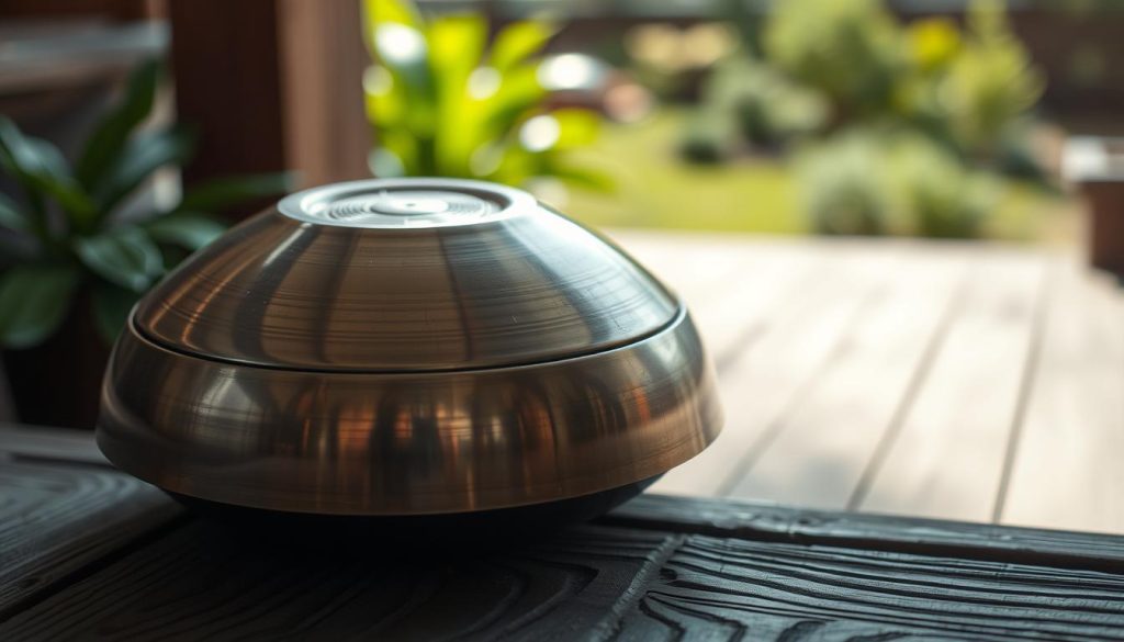 A close-up view of a beautifully crafted handpan instrument, showcasing its intricately tuned notes and metallic surface. The handpan is positioned on a textured wooden surface, with soft natural light illuminating its curves and reflective finish. In the background, a serene outdoor setting is visible, with hints of lush greenery and a gentle blur to create depth. Use a slightly tilted angle to emphasize the dome shape of the handpan, drawing the viewer's eye to the precision of its notes. The atmosphere conveys calmness and creativity, inviting the viewer to appreciate the instrument's craftsmanship and the quality of sound it produces, highlighting its importance in music and creativity.