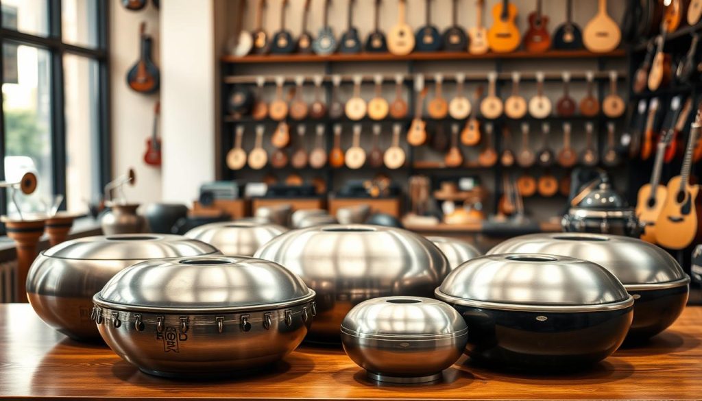A detailed analysis of handpan prices presented in a sophisticated and visually engaging manner. In the foreground, showcase an array of beautifully crafted handpans, with varying sizes and finishes, arranged neatly on a polished wooden table, illuminated by soft, natural lighting. In the middle, include a tasteful, slightly blurred backdrop of an elegant music store filled with handpan displays, reflecting a professional environment. The background should feature shelves adorned with various musical instruments, enhancing the musical ambiance. Use a warm color palette to convey a welcoming mood, and employ a shallow depth of field to draw attention to the handpans. The composition should be clean and uncluttered, emphasizing the quality and craftsmanship of the instruments.