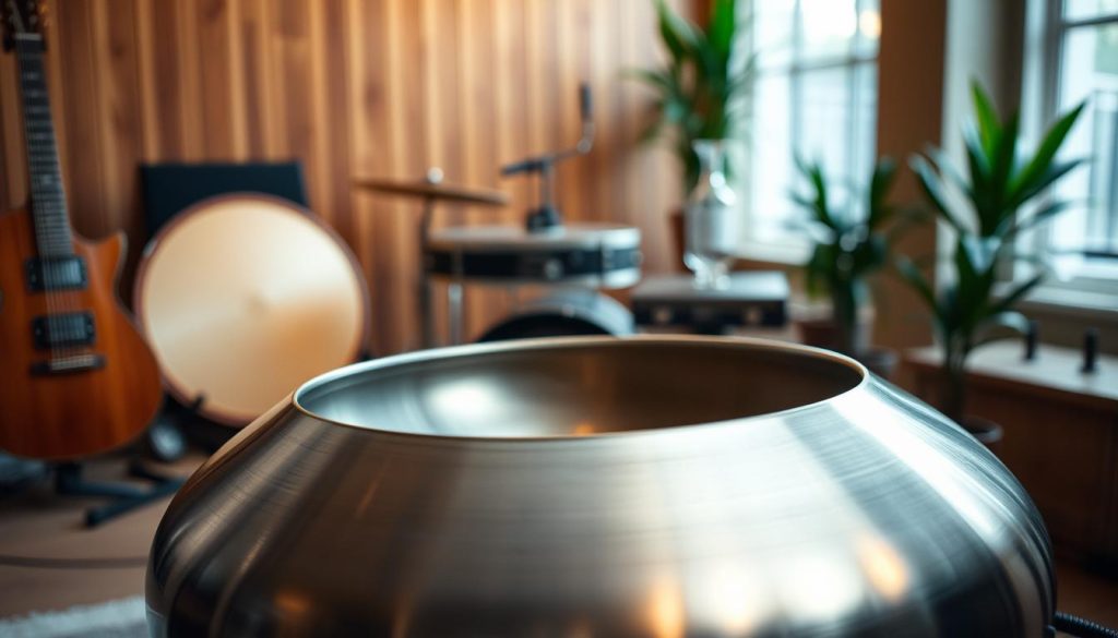 A highly detailed handpan made of nitrided steel and stainless steel, prominently displayed in the foreground, showcasing its unique curved shape and polished surface. In the middle ground, include a serene, softly lit music studio setting with natural wooden accents, creating a warm atmosphere. The background should feature subtle soft-focus plants and musical instruments, enhancing the overall ambiance without distraction. Use gentle, diffused lighting to highlight the handpan's reflective qualities, captured in a close-up angle that emphasizes texture and craftsmanship. The mood should be inviting and artistic, encouraging viewers to appreciate the beauty of these materials side by side.