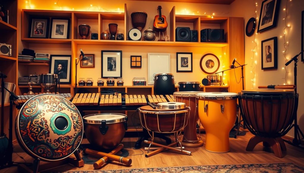A picturesque display of alternative musical instruments inspired by the handpan, arranged artfully in a cozy, inviting setting. In the foreground, showcase a beautifully crafted tongue drum with vibrant colors and intricate designs, alongside a set of marimbas with polished wooden bars. In the middle ground, include a collection of frame drums and a bright, modern cajón, emphasizing their unique shapes and textures. The background features a warm, softly-lit music studio with wooden shelves lined with additional percussion instruments, framed soundproof panels, and ambient fairy lights, creating a serene atmosphere. The lighting is warm and natural, suggesting a sense of creativity and inspiration. The overall mood is peaceful and artistic, capturing the essence of musical exploration.