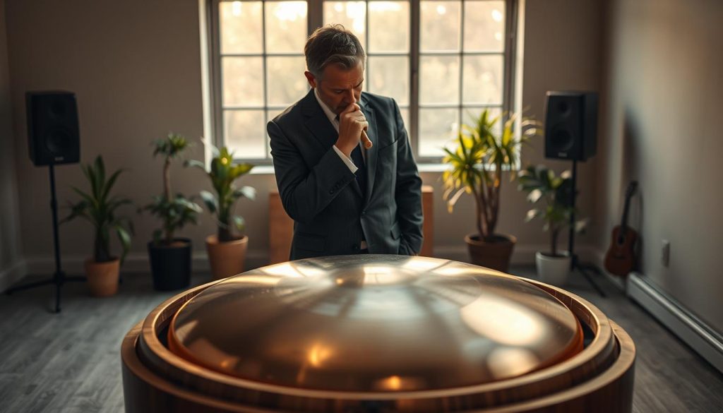 A serene and contemplative scene featuring a handpan tuned to 432 Hz, placed prominently in the foreground on a beautifully crafted wooden pedestal. The handpan's intricate surface catches the soft, golden light that filters through a large window, creating gentle reflections. In the middle ground, a musician in professional business attire is thoughtfully examining the instrument, holding a tuning hammer, deep in contemplation. The background reveals a peaceful, minimalist studio space with plants and acoustic panels, suggesting an atmosphere of creativity and focus. The overall mood is calm and introspective, inviting viewers to explore the depths and limitations of sound in music, specifically the handpan tuned to 432 Hz. A serene and contemplative scene featuring a handpan tuned to 432 Hz, placed prominently in the foreground on a beautifully crafted wooden pedestal. The handpan's intricate surface catches the soft, golden light that filters through a large window, creating gentle reflections. In the middle ground, a musician in professional business attire is thoughtfully examining the instrument, holding a tuning hammer, deep in contemplation. The background reveals a peaceful, minimalist studio space with plants and acoustic panels, suggesting an atmosphere of creativity and focus. The overall mood is calm and introspective, inviting viewers to explore the depths and limitations of sound in music, specifically the handpan tuned to 432 Hz.