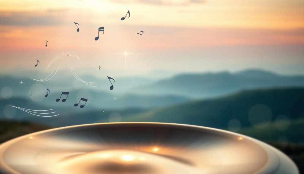 A serene, imaginative scene illustrating the myths and ideas surrounding the frequency of 432 Hz. In the foreground, a beautifully crafted handpan glistens under soft, ethereal lighting, its metallic surface reflecting hints of color. Surrounding the handpan are various floating sound waves and musical notes, symbolizing the joy of music. The middle ground features wisps of light and abstract representations of energy, denoting the vibration and connection to nature. In the background, a tranquil landscape unfolds, with gentle hills and a softly glowing sky filled with subtle hues of turquoise and lavender, evoking a sense of calm and harmony. The atmosphere is mystical yet inviting, encouraging exploration and curiosity about the frequency's effects on well-being. The angle captures the essence of the handpan while inviting viewers to ponder the myths of 432 Hz. A serene, imaginative scene illustrating the myths and ideas surrounding the frequency of 432 Hz. In the foreground, a beautifully crafted handpan glistens under soft, ethereal lighting, its metallic surface reflecting hints of color. Surrounding the handpan are various floating sound waves and musical notes, symbolizing the joy of music. The middle ground features wisps of light and abstract representations of energy, denoting the vibration and connection to nature. In the background, a tranquil landscape unfolds, with gentle hills and a softly glowing sky filled with subtle hues of turquoise and lavender, evoking a sense of calm and harmony. The atmosphere is mystical yet inviting, encouraging exploration and curiosity about the frequency's effects on well-being. The angle captures the essence of the handpan while inviting viewers to ponder the myths of 432 Hz.
