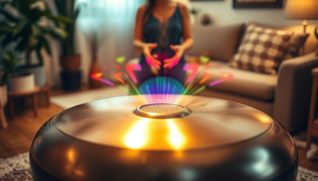 A serene indoor setting showcasing a beautifully crafted handpan tuned to 432 Hz. In the foreground, the handpan glistens softly under warm, ambient lighting, emphasizing its polished surface and intricate design. In the middle, a pair of hands gently strikes the handpan, creating ripples of sound visible as colorful soundwaves emanate from the instrument. In the background, softly blurred elements such as a cozy room with plants and calming colors enhance a tranquil atmosphere. The scene conveys a sense of relaxation and mindfulness, inviting the viewer to experience the auditory sensations and effects of the 432 Hz frequencies. The overall mood is peaceful, embodying the advantages of playing the handpan, while capturing the essence of auditory differences in this musical experience. A serene indoor setting showcasing a beautifully crafted handpan tuned to 432 Hz. In the foreground, the handpan glistens softly under warm, ambient lighting, emphasizing its polished surface and intricate design. In the middle, a pair of hands gently strikes the handpan, creating ripples of sound visible as colorful soundwaves emanate from the instrument. In the background, softly blurred elements such as a cozy room with plants and calming colors enhance a tranquil atmosphere. The scene conveys a sense of relaxation and mindfulness, inviting the viewer to experience the auditory sensations and effects of the 432 Hz frequencies. The overall mood is peaceful, embodying the advantages of playing the handpan, while capturing the essence of auditory differences in this musical experience.
