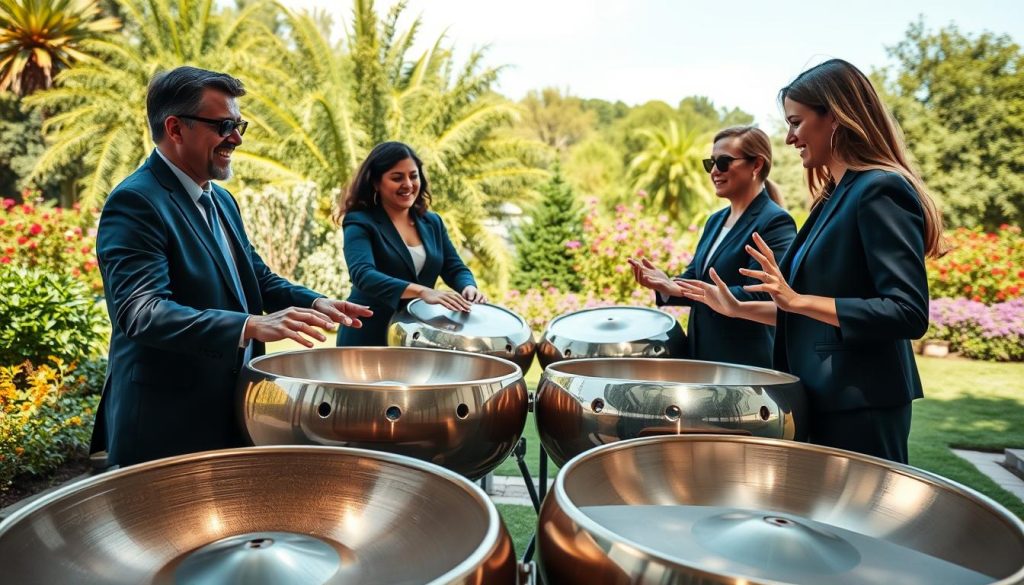 A serene outdoor setting featuring a group of diverse musicians, including two men and two women, all dressed in professional business attire, gathered in a circle, playing handpans tuned to 440 Hz. In the foreground, the handpans, gleaming under soft, natural sunlight, showcase their unique textures and colors. The middle ground features the musicians engaged in an encouraging group dynamic, smiles on their faces, and their hands gracefully dancing over the instruments, creating a harmonious atmosphere. The background reveals lush greenery, vibrant flowers, and a peaceful blue sky, enhancing the tranquil setting. The overall mood is one of collaboration and unity, highlighting the advantages of collective practice with a focus on 440 Hz tuning, captured in a warm, inviting light that suggests creativity and connection. A serene outdoor setting featuring a group of diverse musicians, including two men and two women, all dressed in professional business attire, gathered in a circle, playing handpans tuned to 440 Hz. In the foreground, the handpans, gleaming under soft, natural sunlight, showcase their unique textures and colors. The middle ground features the musicians engaged in an encouraging group dynamic, smiles on their faces, and their hands gracefully dancing over the instruments, creating a harmonious atmosphere. The background reveals lush greenery, vibrant flowers, and a peaceful blue sky, enhancing the tranquil setting. The overall mood is one of collaboration and unity, highlighting the advantages of collective practice with a focus on 440 Hz tuning, captured in a warm, inviting light that suggests creativity and connection.