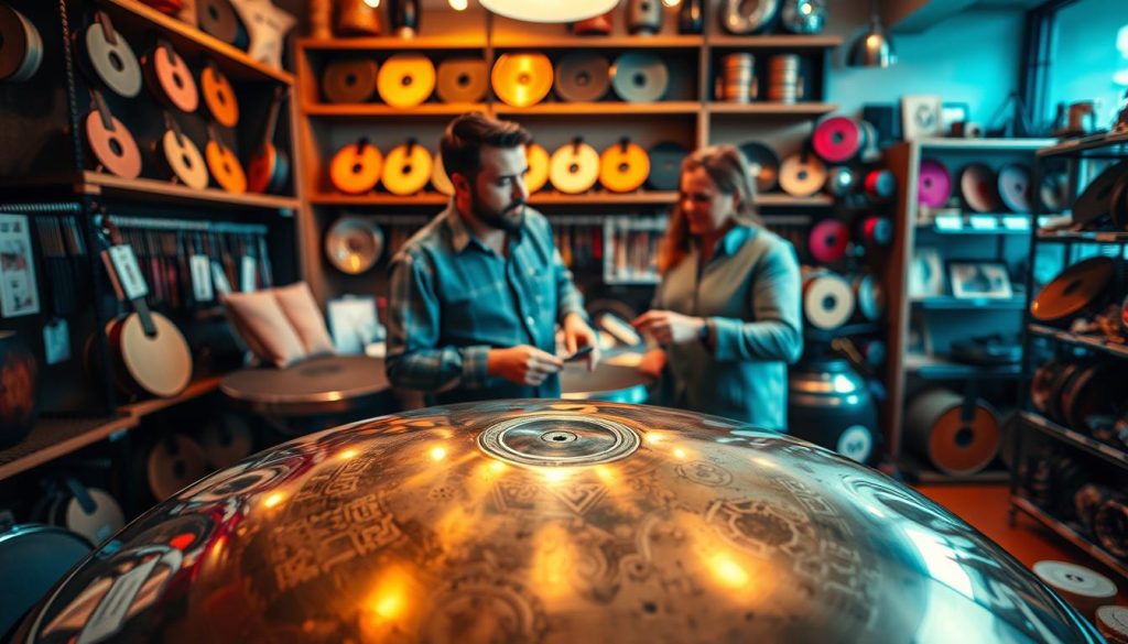 A vibrant scene showcasing a second-hand handpan for sale in a cozy, inviting music shop. In the foreground, a polished handpan gleams under warm, diffused lighting, its intricate surface capturing reflections. A knowledgeable shopkeeper, dressed in professional casual attire, points out features of the instrument to a potential buyer, who is attentively inspecting the handpan. In the middle ground, shelves display various handpans and accessories, creating an atmosphere of exploration and choice. The background features soft, blurred shelves filled with music-related items, enhancing the focus on the handpan. The overall mood is friendly and encouraging, inviting customers to engage in the purchasing process while ensuring they feel supported in making informed decisions.