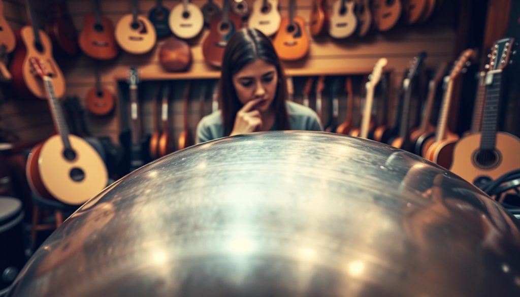 A well-organized image illustrating a high-quality handpan for music instrument shopping guidance. In the foreground, a polished handpan gleams under soft, warm lighting, showcasing its intricate grooves and shimmering finish. The middle ground features a thoughtful person in modest casual clothing, examining the handpan closely, their expression demonstrating curiosity and discernment. In the background, a cozy music store environment filled with various musical instruments sets a welcoming atmosphere. The lighting is inviting and soft, emphasizing the allure of the handpan while casting gentle shadows. The angle is slightly from above, capturing both the instrument and the individual, creating a sense of engagement in the selection process. The mood conveys an informed, careful approach to purchasing a quality musical instrument.
