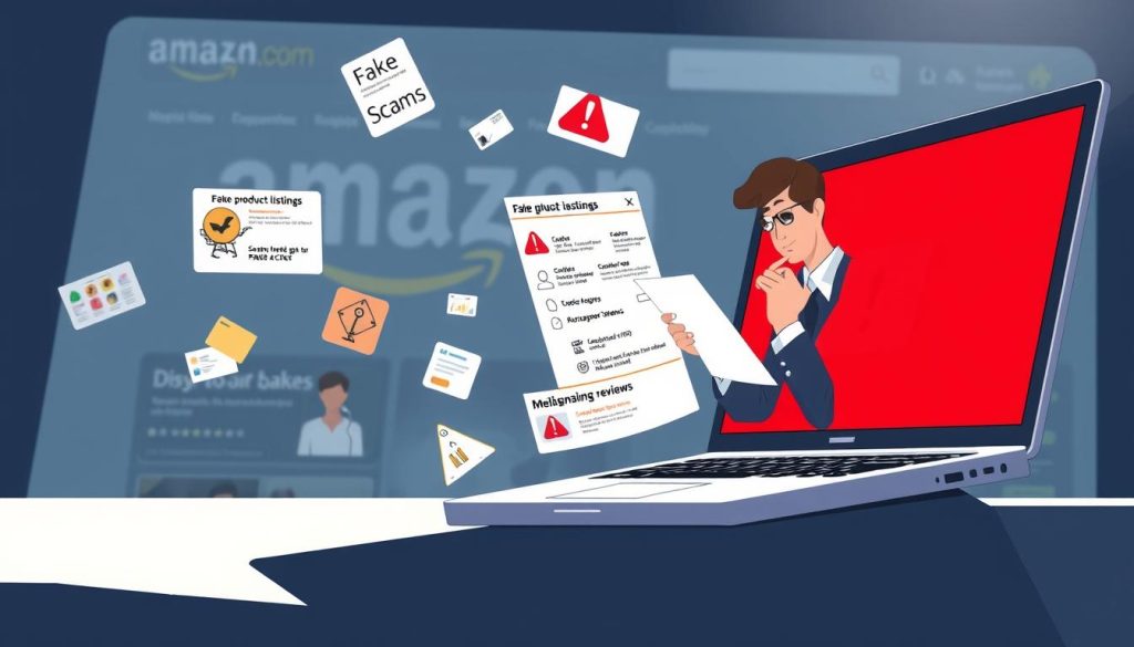 An informative and visually engaging illustration depicting common Amazon scams and how to avoid them. In the foreground, a large, slightly open laptop displays a red warning sign, signifying fraud alerts. Next to it, a person in professional attire examines a list of scams thoughtfully while taking notes, emphasizing vigilance. In the middle ground, various scam elements like fake product listings, lure imagery, and misleading reviews float around. The background features an abstract representation of the Amazon website, creating a sense of online shopping. The lighting is bright and focused, casting soft shadows to highlight the seriousness of the topic. The overall mood is proactive and educational, aiming to engage readers and convey a sense of caution regarding online shopping.