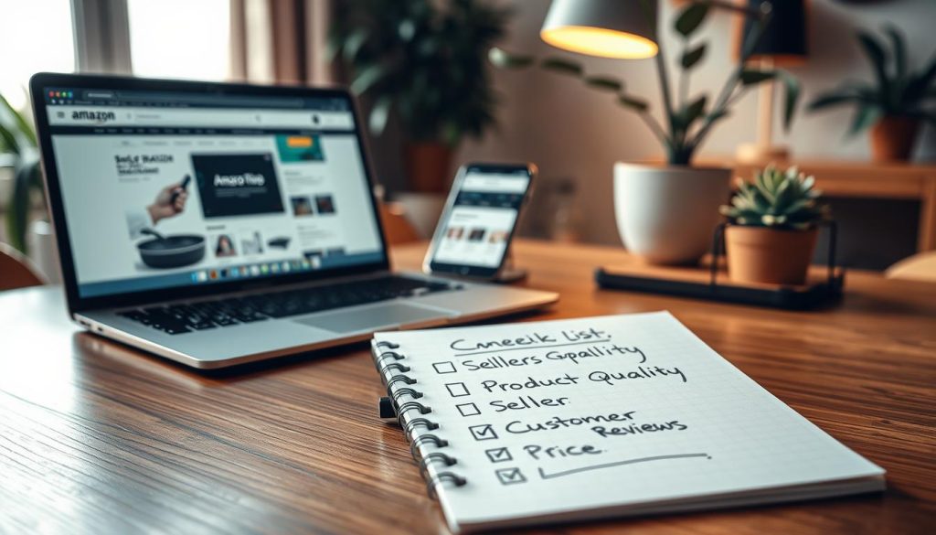 An organized and detailed checklist for evaluating a product listing and seller on Amazon, depicted on a wooden desk. In the foreground, a handwritten checklist with bullet points for sellers' credibility, product quality, customer reviews, and price comparison. Beside the checklist, a stylish laptop displaying an Amazon page with a handpan visible on the screen. In the middle ground, a modern smartphone showing customer ratings. The background features a softly blurred warm-lit room adorned with plants, creating a cozy, professional atmosphere. The lighting is soft and inviting, emphasizing clarity and focus on the checklist elements. The overall mood is informative and practical, appropriate for an audience looking to make thoughtful online purchases.